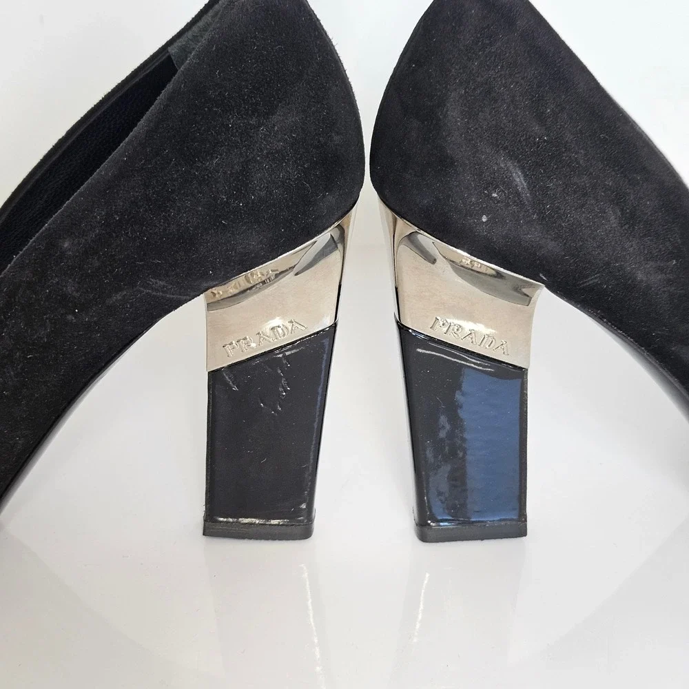 Prada Black Suede Patent Leather Square Toe‎ Block Heel Pumps Silver Accent 36.5
